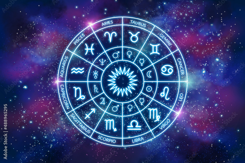 Fototapeta premium Astrology. Zodiac circle on the background of a space. The science of stars and planets. Esoteric knowledge. Ruler planets. Twelve signs of the zodiac