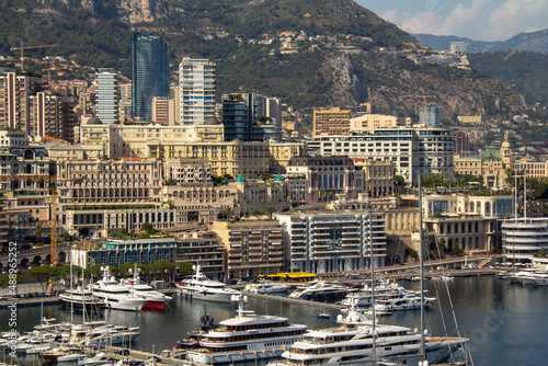  Aerial view of Monaco and Port Hercule, sweeping views of the city, mountains and harbor, luxury yachts and apartments in La Condamine district, city centre Monte Carlo, Monaco,Cote d'Azur photo