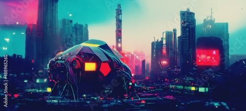 Retro futuristic abstract cityscape. Creative urban concept. Future city. Cyberpunk wallpaper. 3D illustration.