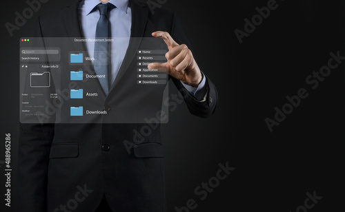 Document management concept. Virtual screen icons Document Management System DMS Online document database, software for efficient archiving, searching and management of company files and data.