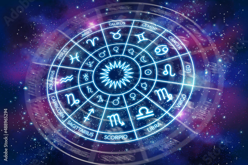 Zodiac circle with planets signs on the background of the dark cosmos. Astrology. The science of stars and planets. Secret Esoteric Science