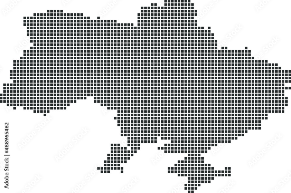 Dotted pixelated map of Ukraine in dark grey color. White background. For posters, postcards. Vector illustration.