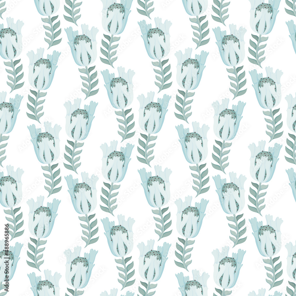 Fototapeta premium Floral ornament with green leaves, blue flowers on a white background. Seamless pattern for postcard, packaging, wrapping, scrapbooking, wallpaper, design, decoration. Vector illustration.