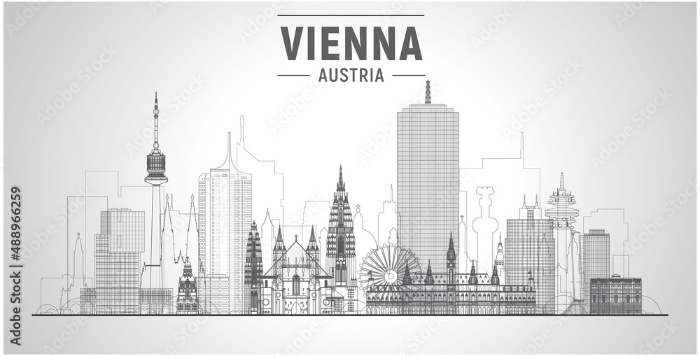 Vienna ( Austria ) skyline with panorama in white background. Vector Illustration. Business travel and tourism concept with modern buildings. Image for presentation, banner, website.