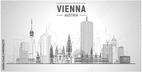 Vienna ( Austria ) skyline with panorama in white background. Vector Illustration. Business travel and tourism concept with modern buildings. Image for presentation, banner, website.