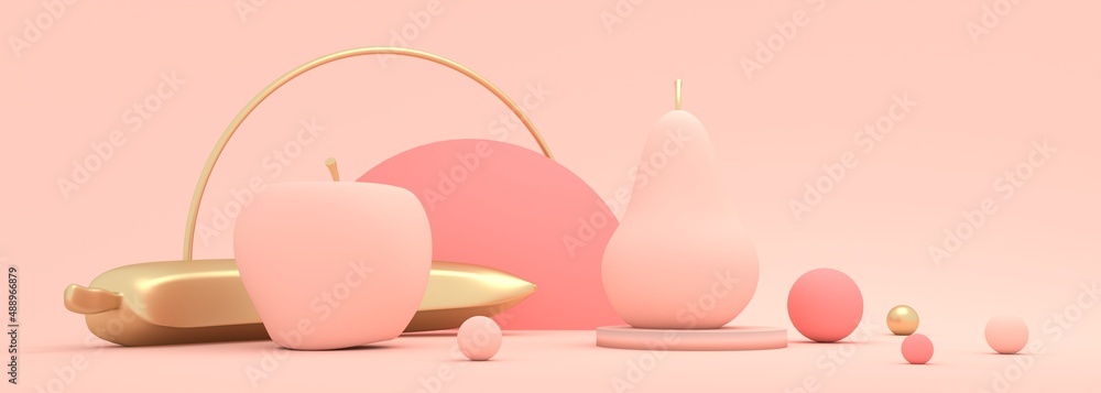 Fruits collection and abstract geometry shapes. Apple, banana and pear. 3D render