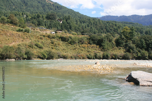 river and hills around jakar (bhutan)  photo