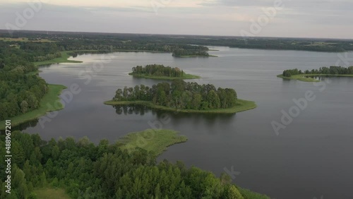 Drone aerial view of  Rubikiai lake, Lithuania nature. Summer season photo