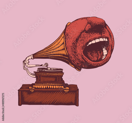 Gramophone and singing mouth. Surreal musical symbol for your design. Vector illustration