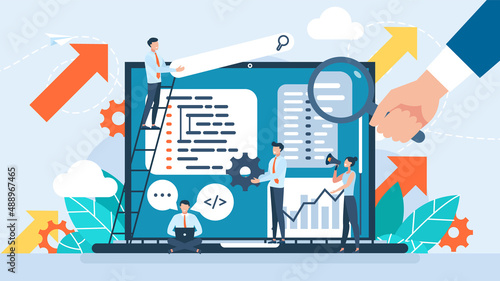 Concept of script coding, programming. A programming language. Programmers working on web development on laptop. Characters Software developers. Workplace of the programmer. Flat vector illustration