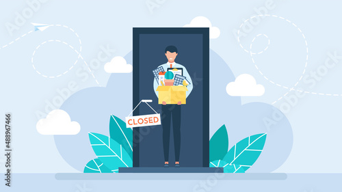 Firing from a job. Job cuts. Dismissal employee. Fired sad male office worker holding a box with work things. Unemployment and Jobless concept. The door is closed. Vector business flat illustration.