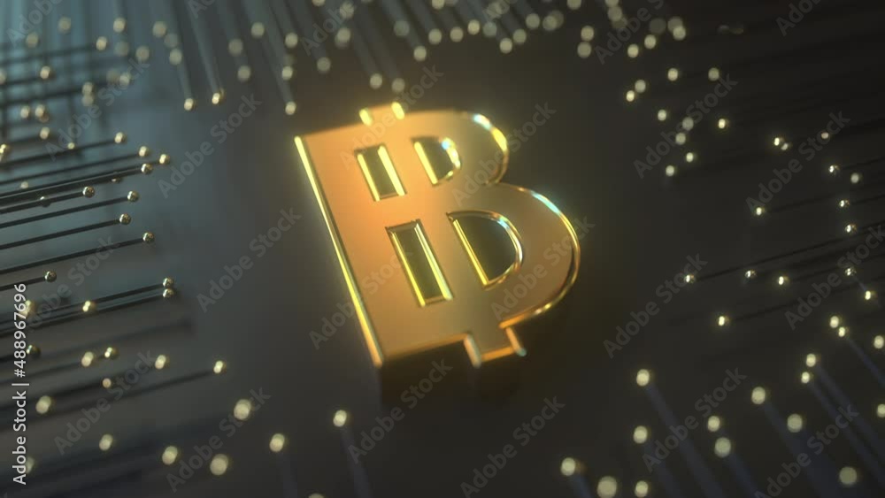 Golden baht symbol on premium black technologic background. Conceptual loopable 3D animation Golden baht symbol on premium black technologic background. Conceptual loopable 3D animation
