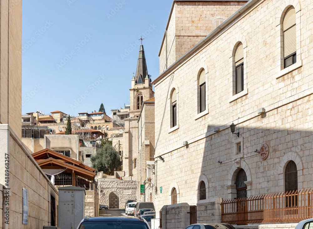 Obraz premium View of the Christ Anglican Church from 6166 street near the Church Of Annunciation in Nazareth, northern Israel