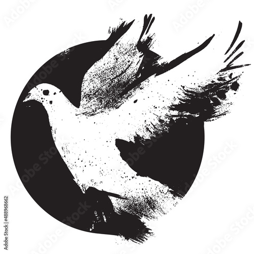 White dove symbol of peace on a dark circle background. Graphic drawing. Bird pigeon
