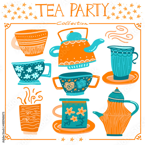 Cute tea pot collection.Vector illustration.