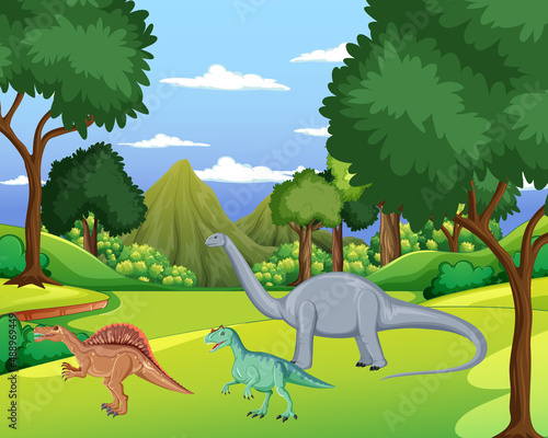 Dinosaur in prehistoric forest scene