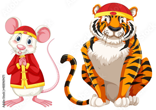 Fototapeta Naklejka Na Ścianę i Meble -  White rat and tiger wearing chinese hat