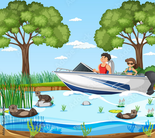 River forest scene with traveller on a speed boat