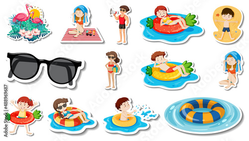 Set of summer beach items and children