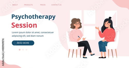 Psychotherapy session - woman talking to psychologist. Mental health banner or landing page template, vector illustration in flat style
