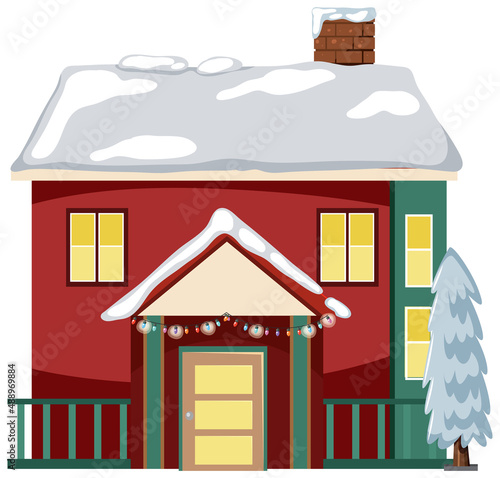 Snow covered house with Christmas light string