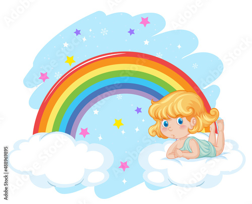 Angel girl on cloud with rainbow