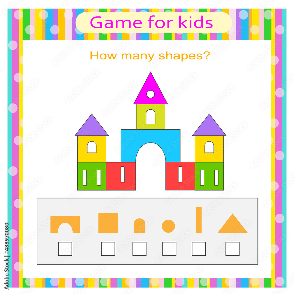  Educational game for kids. The palace in the form of geometric shapes. Count how many rectangles, triangles, squares, circles
