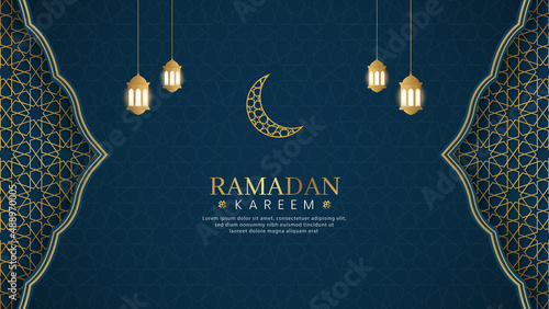 Ramadan Kareem, Islamic Arabic Blue Luxury Background with Geometric pattern and Beautiful Ornament with Lanterns