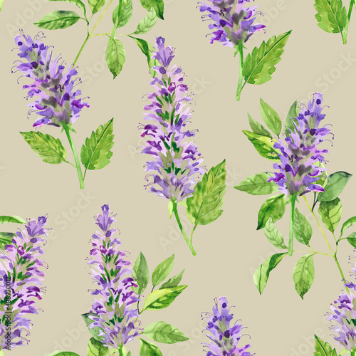 Watercolor hand painted patchouli flowers and leaves. Watercolor hand drawn seamless pattern  wallpaper  wrapping paper  aromatherapy  essential oils