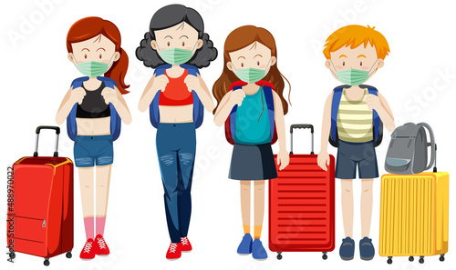 Group of travellers wearing masks with their luggages