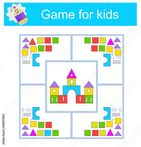 Educational logical game for kids. Find the right set of geometric shapes. Preschool worksheet activity