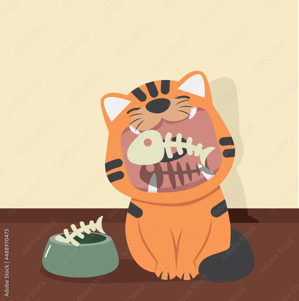 Fototapeta premium Cute Cat with Fish bone cartoon