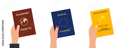 Set Vaccine passport icon. vaccination certificate against covid 19 in hand.