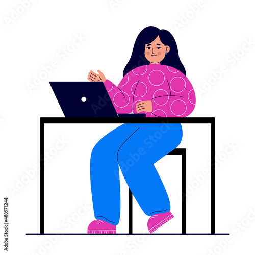 Young woman sits at a table with a laptop. Distance learning concept, e-learning, remote work from home, freelance, courses. Student learns using a computer. (ID: 488971244)