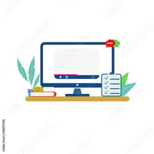 Workplace and working on laptop watching video player, concept of webinar, business online training, education on computer or e-learning concept, video tutorial vector illustration desktop table