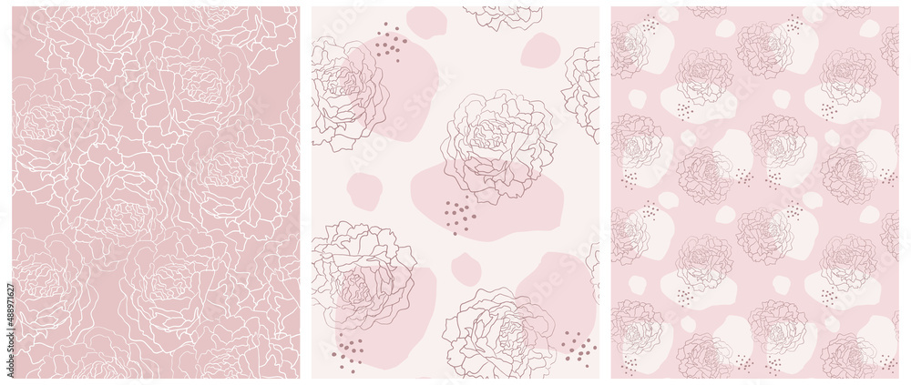 Hand Drawn Floral Vector Patterns with Peonies Isolated on a Pastel Pink and Light Cream Background. Elegant Print with Sketched Twigs ideal for Fabric, Textile.