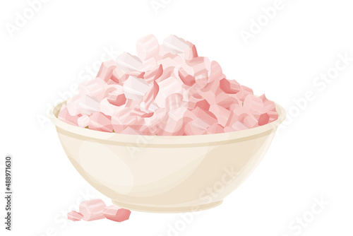 Himalayan pink salt pile, grain mineral spice in bowl in cartoon style isolated on white background. Organic, natural ingredient.
