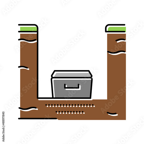 coffin in burial pit color icon vector isolated illustration