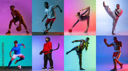 Collage. Portraits of people  doing professional sports  training isolated over multicolored background in neon