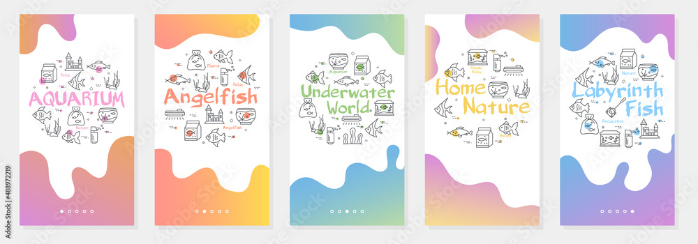 Fototapeta premium Pet shop onboarding template. Online shopping aquarium stuff. Fluid design banners for mobile application