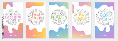 Colletion of womens fashion vertical flyers with colorful gradient and linear black illustration. Banner design for mobile app with liquid shapes