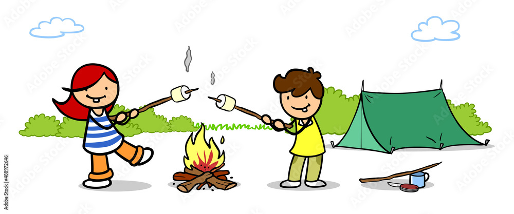 Naklejka premium Kinder grillen Marshmallows über Lagerfeuer am Spieß