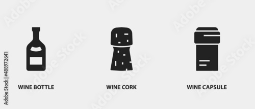 Vector glyph wine icons. Black silhouette of glass bottle, cork and capsule. Restaurant menu elements design