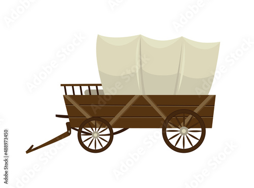 Wild west cartoon wagon with tent. Old western carriage icon isolated on white background