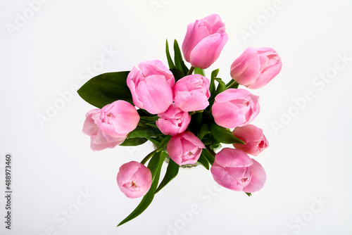 High angle view looking down at a bouquet of pink tulip tulipa flowers