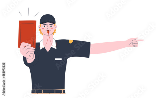 The football referee blows his whistle with a red card. Violation of the rules in the game. Flat vector illustration. Eps10