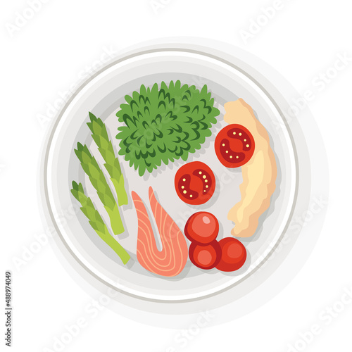 Breakfast or lunch top view. Delicious, healthy food on porcelain dish. Classic hearty breakfast. Nicely served food on white plate