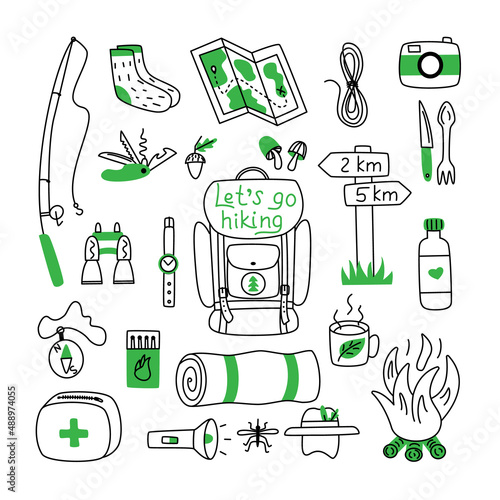 Hiking, trekking or camping objects. Outdoor recreation elements - backpack, map, fire and others. Perfect for kids camp flyers, posters, tags, sticker kit, scrapbooking. Vector illustration