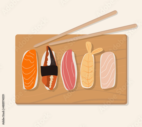 Set of traditional Japanese dishes of rolls and sushi with seafood. On a wooden tray. Cartoon vector illustration hand drawing