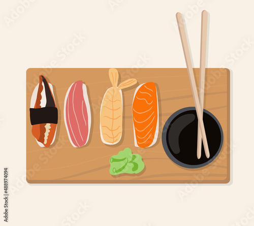 Set of traditional Japanese dishes of rolls and sushi with seafood. On a wooden tray. Cartoon vector illustration hand drawing